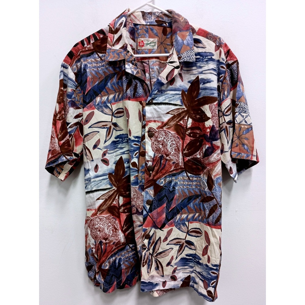 VTG 90s Hilo Hattie Hawaiian Shirt Mens XL Multicolor Leopard Floral Tropical